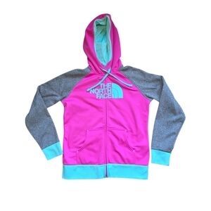 The North Face Zip Up Hoodie Jacket Brighr Pink Turquoise Color Block Womens M